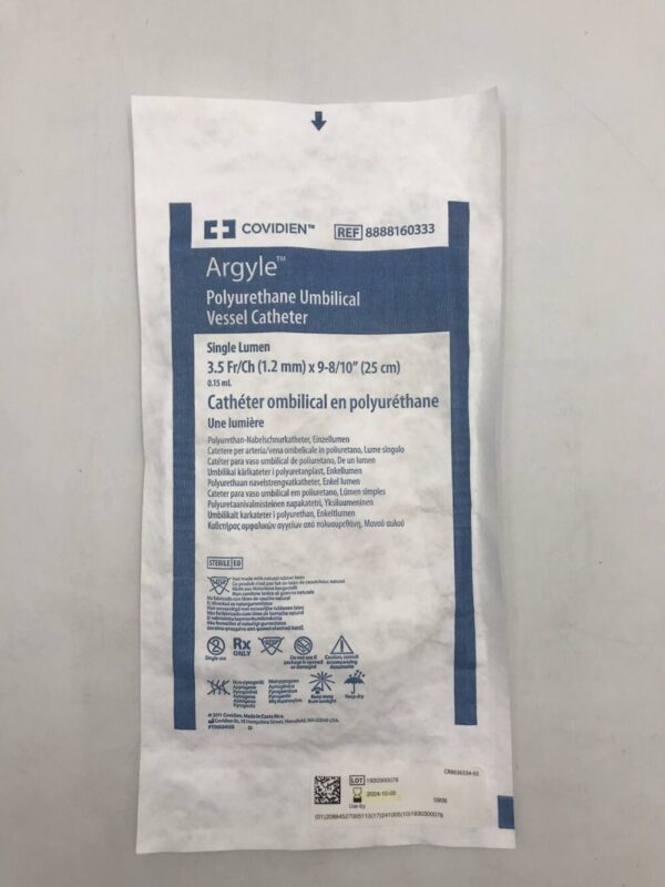 Covidien 8888160333 Argyle Polyurethane Umbilical Vessel Catheter Single Lumen 3.5Fr/Ch (1.2mm) x 9-8/10" (25cm) 0.15mL