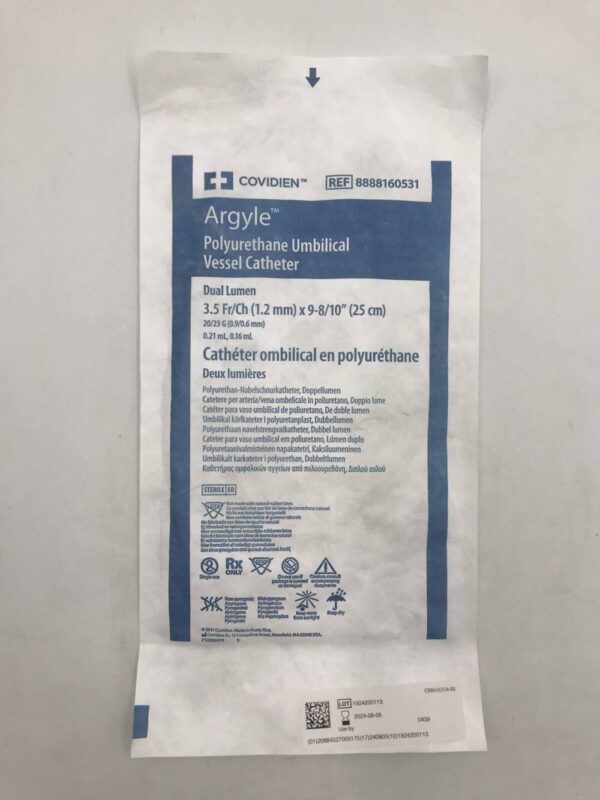 Covidien 8888160531 Argyle Polyurethane Umbilical Vessel Catheter Dual Lumen 3.5Fr/Ch (1.2mm) x 9-8/10" (25cm)