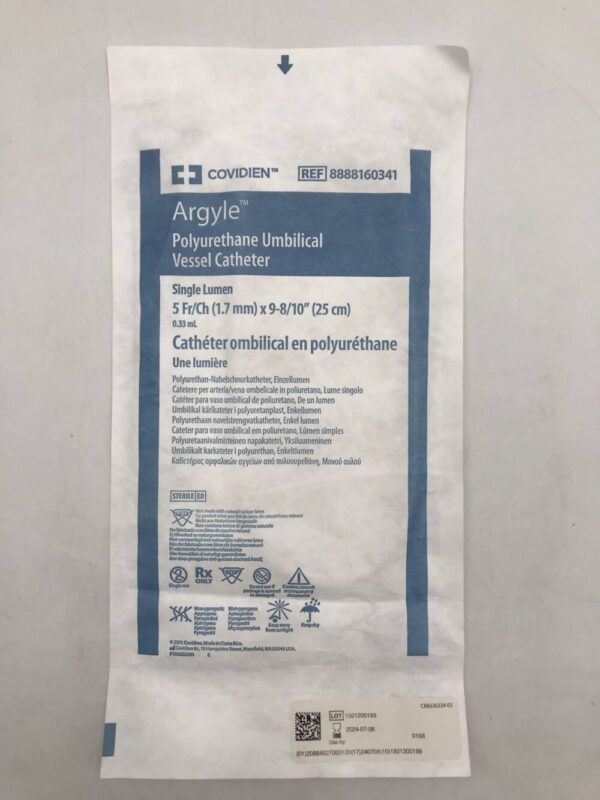 Covidien 8888160341 Argyle Umbilical Vessel Catheter Single Lumen 5Fr/Ch (1.7mm) x 9-8/10" (25cm) 0.33mL