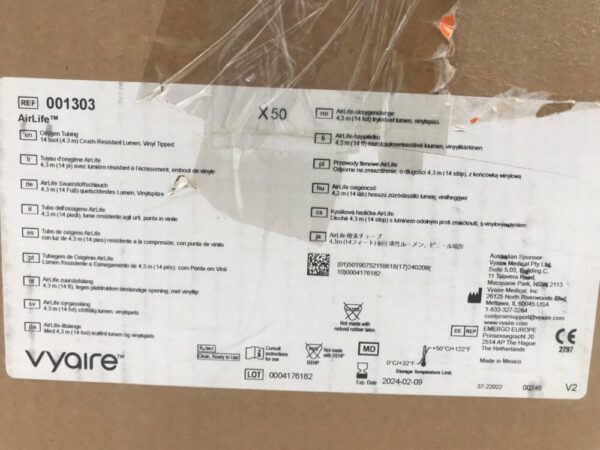 Vyaire 001303 AirLife Oxygen Tubing 14 Foot Crush-Resistant Lumen Vinyl Tipped (50/Box) (X)
