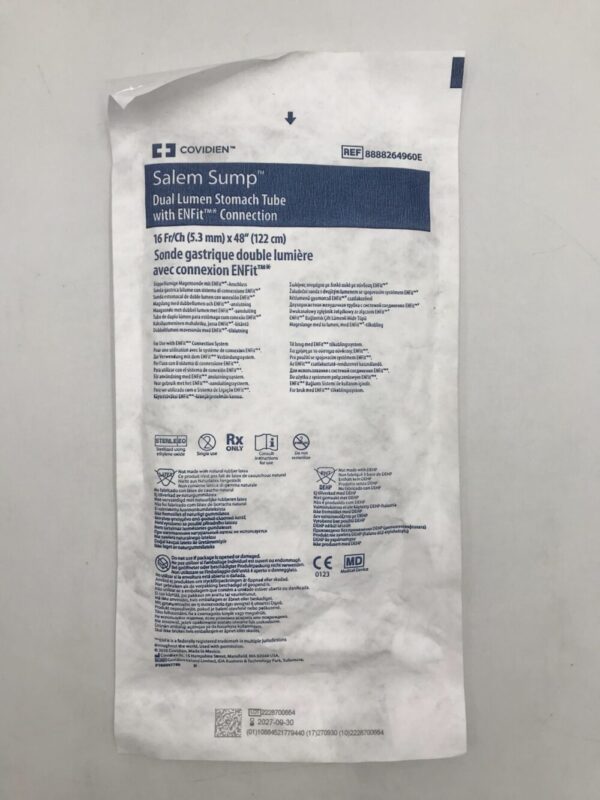Covidien 8888264960E Salem Sump Dual Lumen Stomach Tube with ENFit Connection 16Fr/Ch (5.3mm) x 48" (122cm)