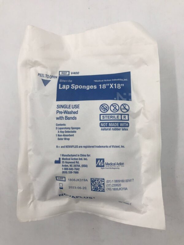 MEDICAL ACTION V400 NovaPlus Lap Sponge, Prewashed Plus Bands 18in x 18in (5/Pkg)(X)