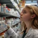 A pharmacist or healthcare worker examining shelves stocked with medical supplies and bottles inside a pharmacy or storage room.