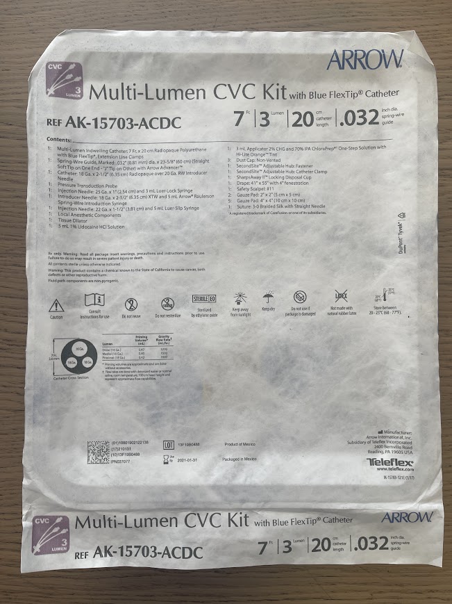 ARROW AK-15703-ACDC Multi-Lumen CVC Kit w/Blue FlexTip Catheter 7F(X)
