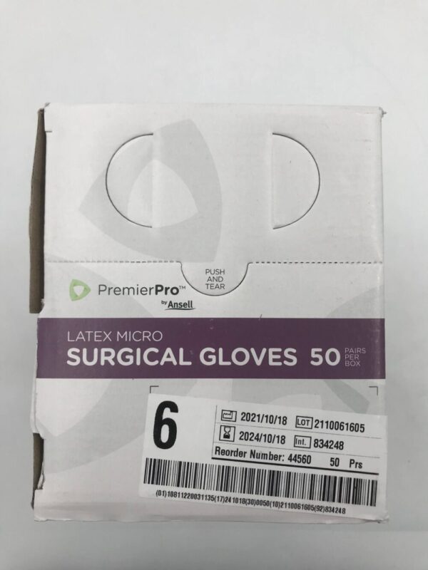 Ansell 44560 PremierPro Latex Micro Surgical gloves Micro Thickness Powder-Free Size 6 (50 Pairs per Box)