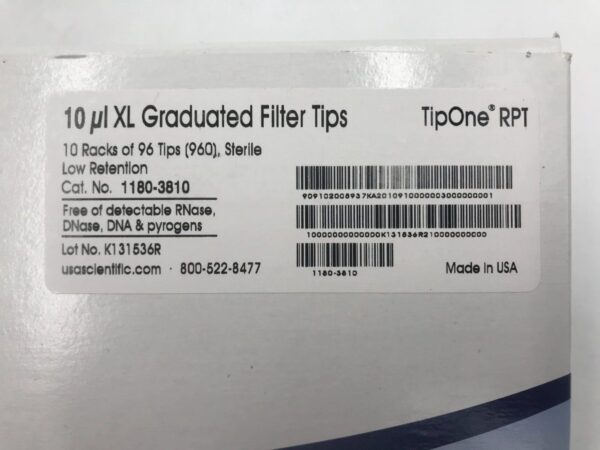 USA Scientific 1180-3810 10µl XL Graduated Filter Tips TipOne RPT 10 Racks of 96 Tips Sterile Low Retention (Box Of 10 Racks)