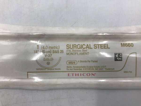 Ethicon M660 Surgical Steel 316L Stainless Steel Monofilament 1 (4.0m) 40mm 1/2c Tapercut MS/4 (X)