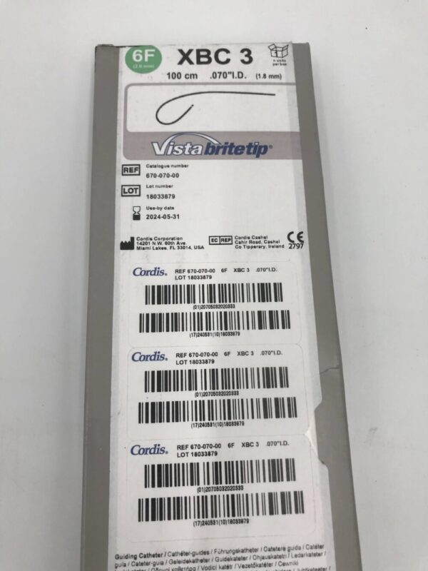Cordis 670-070-00 Vista Brite Tip Guiding Catheter XBC 3 6F 100cm .070" I.D.