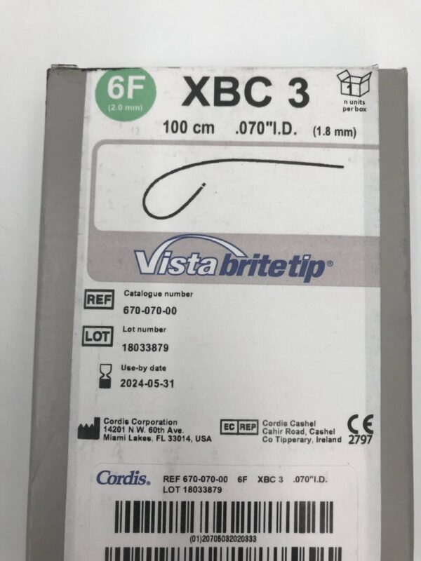 Cordis 670-070-00 Vista Brite Tip Guiding Catheter XBC 3 6F 100cm .070" I.D.