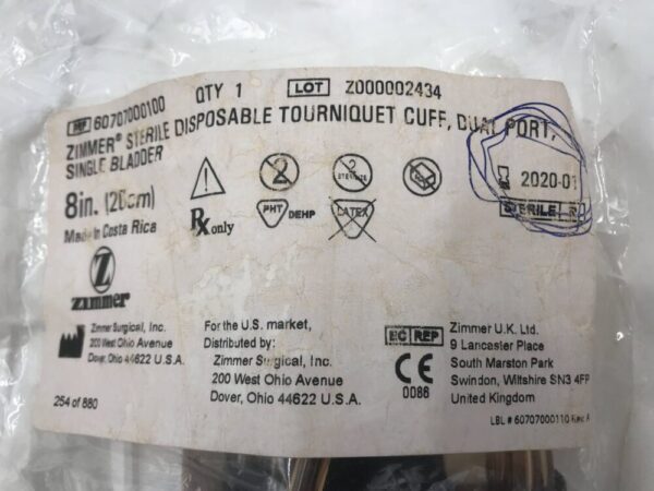 Zimmer 60707000100 Sterile Disposable Tourniquet Cuff Dual Port Single Bladder 8in. (20cm) (X)