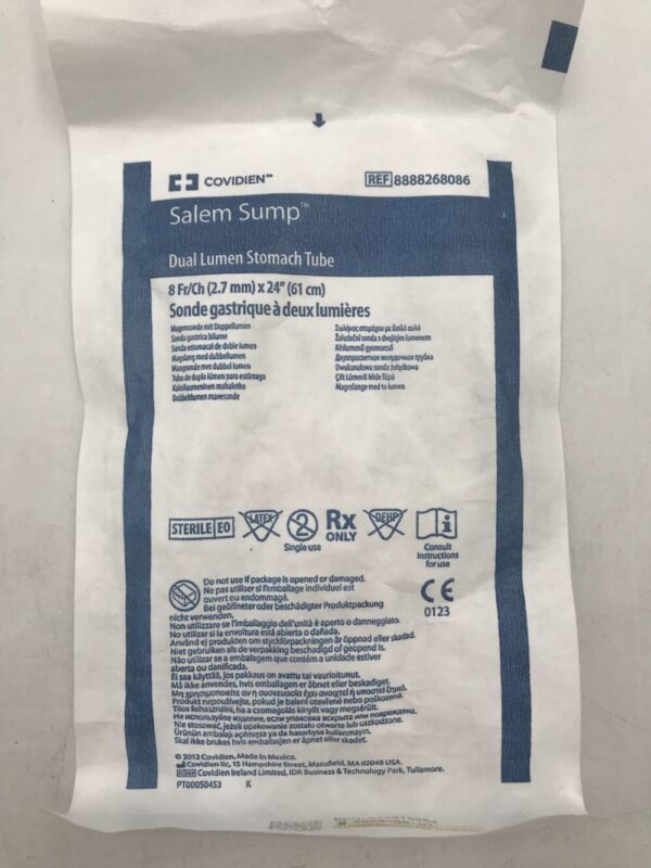 Covidien 8888268086 Salem Sump Dual Lumen Stomach Tube 8Fr/Ch (2.7mm) x 24" (61cm) (X)