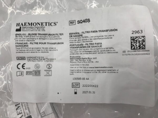 Haemonetics SQ40S Blood Transfusion Filter