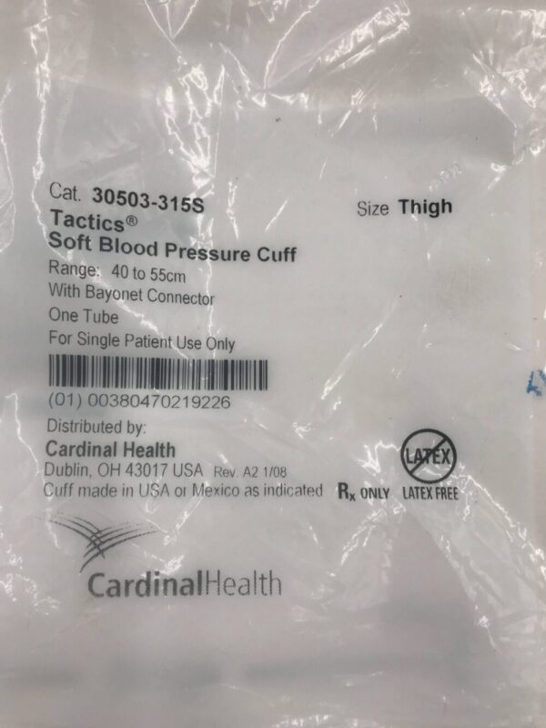 Cardinal Health 30503-315S Tactics Soft Blood Pressure Cuff Range 40 to 55cm with Bayonet Connector One Tube Size Thigh