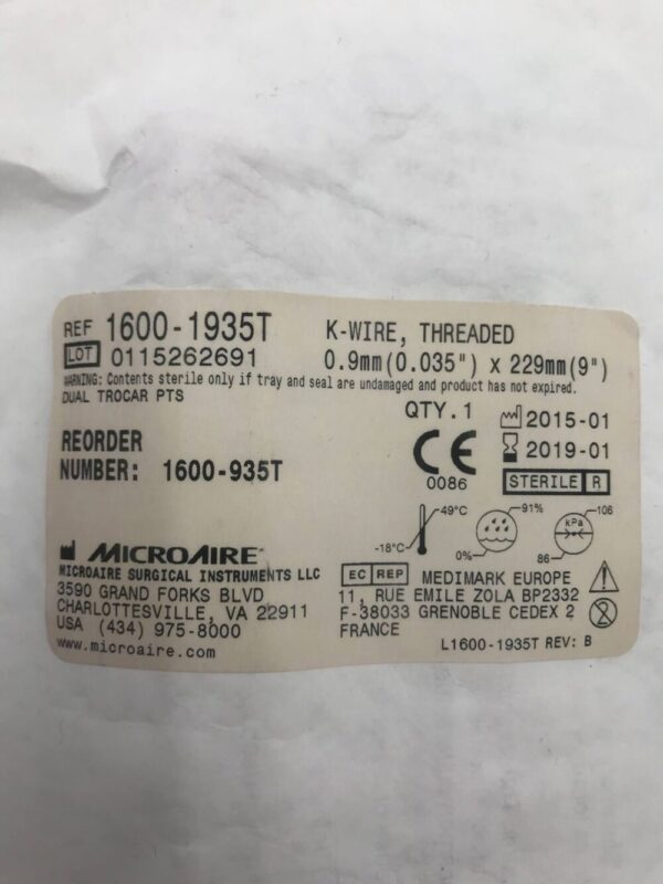 MicroAire 1600-1935T K-Wire Threaded 0.9mm x 229mm (0.035" x 9") (X)