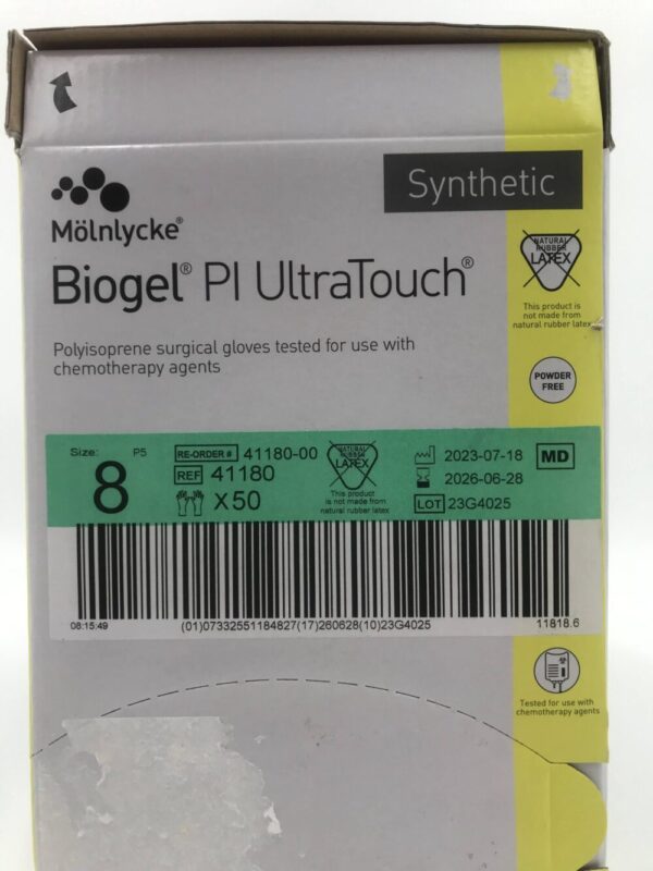 Molnlycke 41180 Biogel PI Ultratouch Polyisoprene Surgical Gloves Size 8 (50/Box)