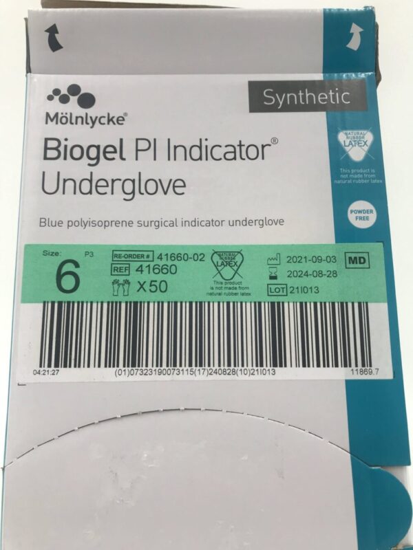 Molnlycke 41660 Biogel PI Indicator Underglove Blue Polyisoprene Surgical Indicator Gloves Size 6 (50/Box)