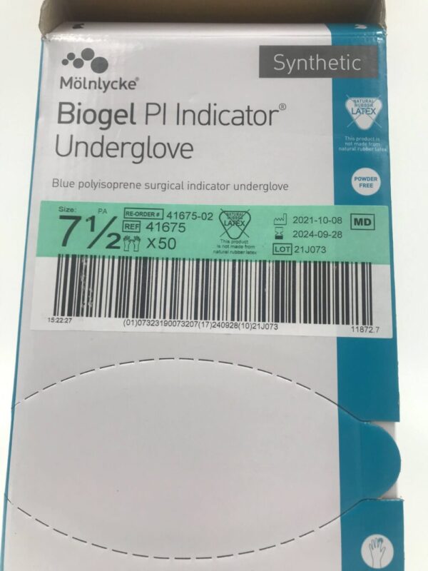 Molnlycke 41675 Biogel PI Indicator Underglove Blue Polyisoprene Surgical Indicator Gloves Size 7.5 (50/Box)