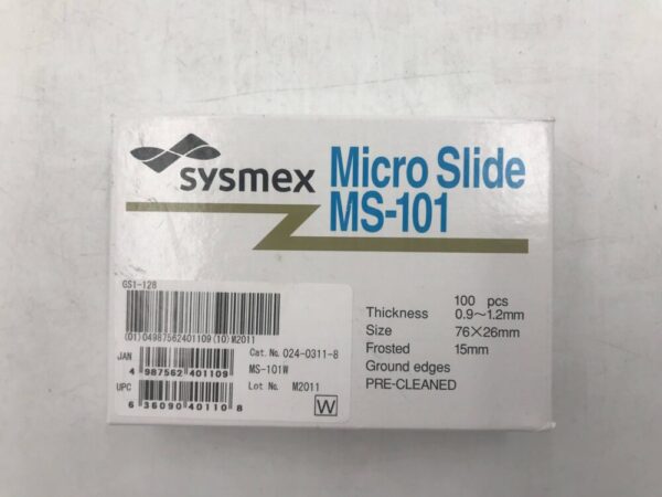 Sysmex MS-101 Micro Slide Size 76 x 26mm Frosted 15mm Ground Edges Pre-Cleaned Thickness 0.9 - 1.2mm (100/Box)