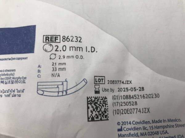 Covidien 86232 Shiley Oral/Nasal Tracheal Tube Cuffless Non DEHP Murphy Eye 2.0mm=I.D. 2.9mm=O.D.