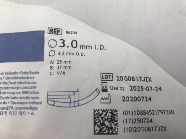 Covidien 86234 Shiley Oral/Nasal Tracheal Tube Cuffless Non DEHP Murphy Eye 3.0mm=I.D. 4.2mm=O.D.