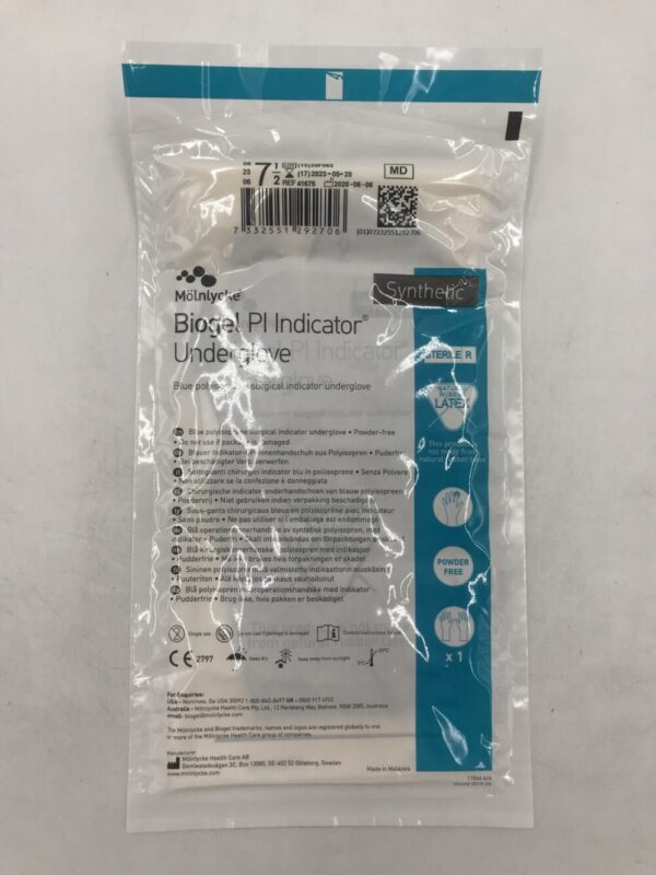 Molnlycke 41675 Biogel PI Indicator Underglove Blue Polyisoprene Surgical Indicator Gloves Size 7.5(X)