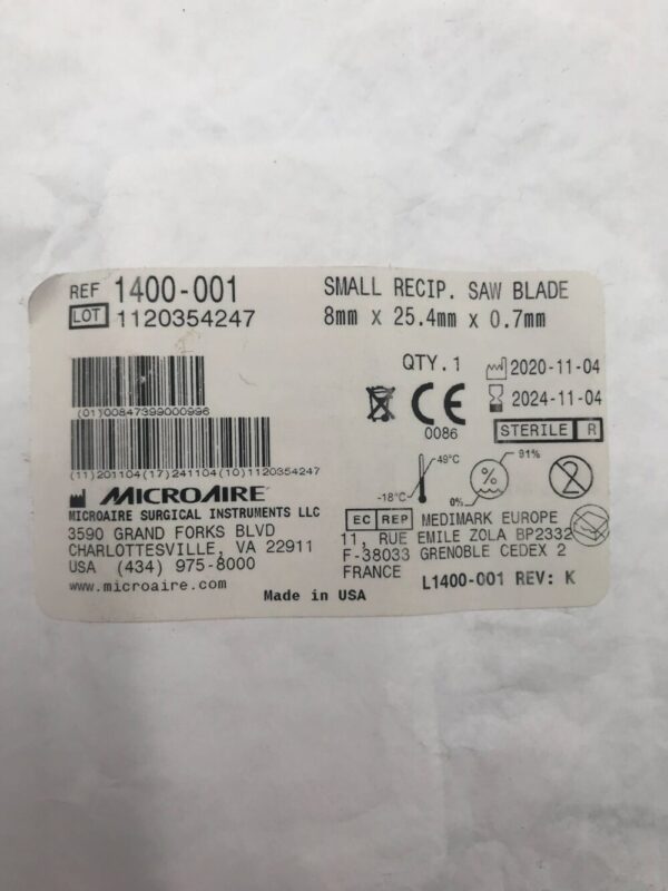 MicroAire 1400-001 Small Recip. Saw Blade 8mm x 25.4mm x 0.7mm