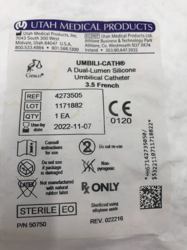 Utah Medical 4273505 Umbili-Cath A Dual-Lumen Silicone Umbilical Catheter 3.5F (X)