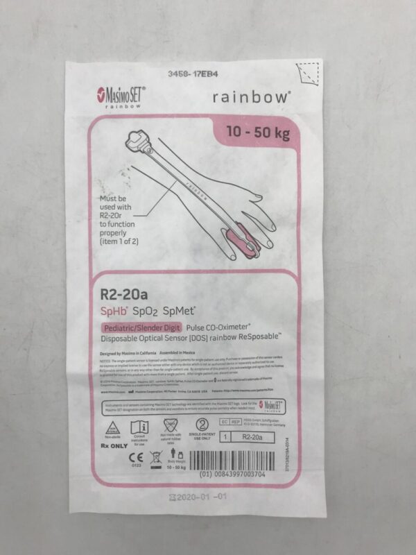 MASIMO R2-20a Rainbow SpHb SpO2 SpMet Pediatric/Slender Digit Pulse CO-Oximeter Disp Optical Sensor ReSposable 10-502kg(X)