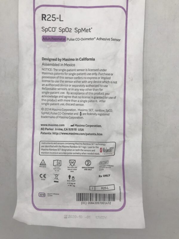 MASIMO 2219 Rainbow R25-L SpCO SpO2 SpMet Adult/Neonatal Pulse CO-Oximeter Adhesive Sensor ReSposable <3kg or >30kg(X)