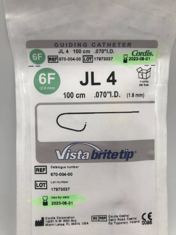 Cordis 670-004-00 Vista Brite Tip Guiding Catheter JL 4 6F 100cm (X)