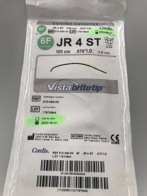 Cordis 670-090-00 Vista Brite Tip Guiding Catheter JR 4 ST 6F 100cm (X)