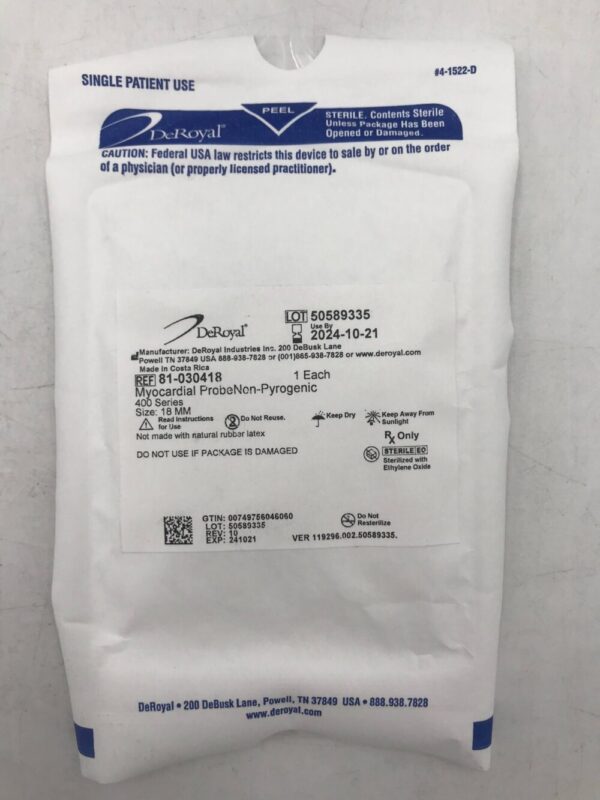 DeRoyal 81-030418 Myocardial ProbeNon-Pyrogenic 400 Series Size 18mm