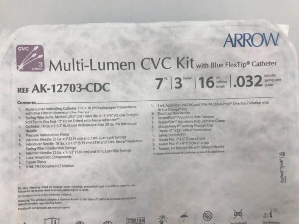 ARROW AK-12703-CDC Multi-Lumen CVC Kit w/Blue FlexTip Catheter 7F(X)
