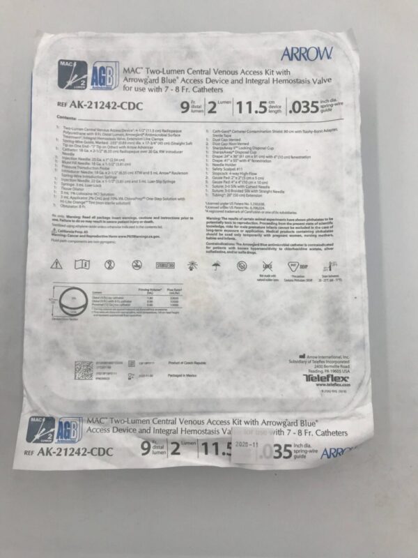 ARROW AK-21242-CDC AGB MAC Two-Lumen Central Venous Access Kit 9F x 11.5cm x .035in(X)