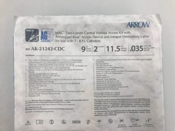 ARROW AK-21242-CDC AGB MAC Two-Lumen Central Venous Access Kit 9F x 11.5cm x .035in(X)