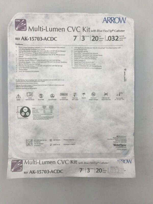 ARROW AK-15703-ACDC Multi-Lumen CVC Kit w/Blue FlexTip Catheter 7F(X)