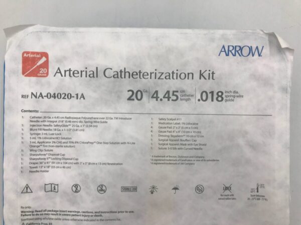 ARROW NA-04020-1A Arterial Catheterization Kit 20Ga x 4.45cm x .018in(X)