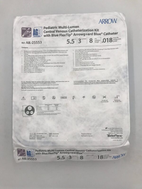 ARROW AK-25553 AGB Pediatric Multi-Lumen Central Venous Catheterization Kit 5.5F x 8cm x .018in(X)
