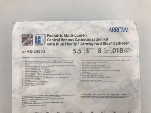 ARROW AK-25553 AGB Pediatric Multi-Lumen Central Venous Catheterization Kit 5.5F x 8cm x .018in(X)