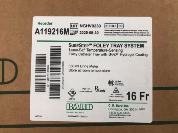 BARD A119216M SureStep Foley Tray System, Lubri-Sil Temperature-Sensing Foley Tray With Bard Hydrogel, 16Fr (10/Case)
