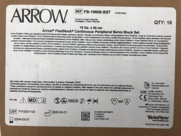 ARROW FB-19608-SST FlexBlock Continuous Peripheral Nerve Block Set 19Ga x 60cm (10/Box)(X)