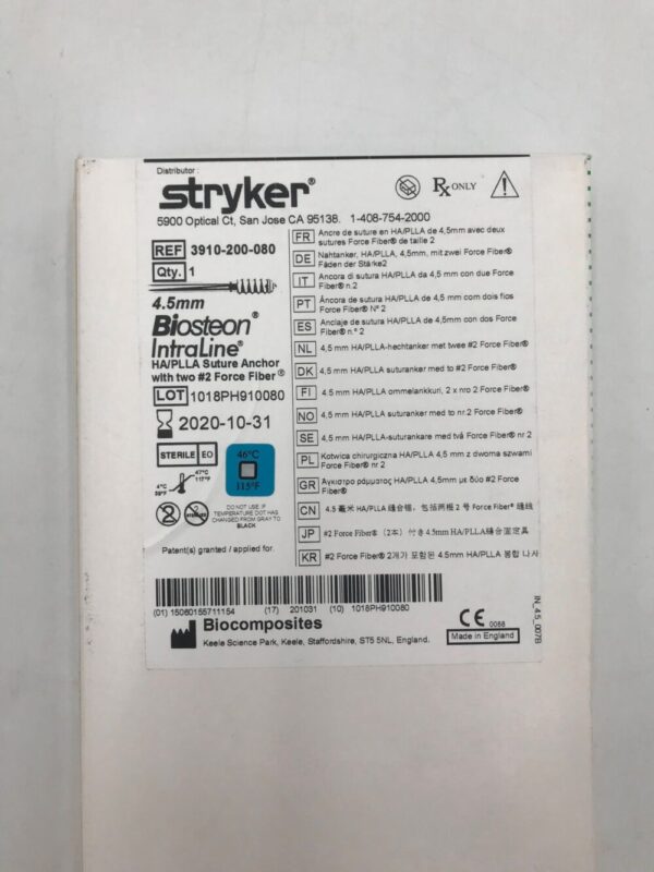 STRYKER 3910-200-080 Biosteon IntraLine HA/PLLA Sutura Anchor w/ Two #2 Force Fiber 4.5mm(X)