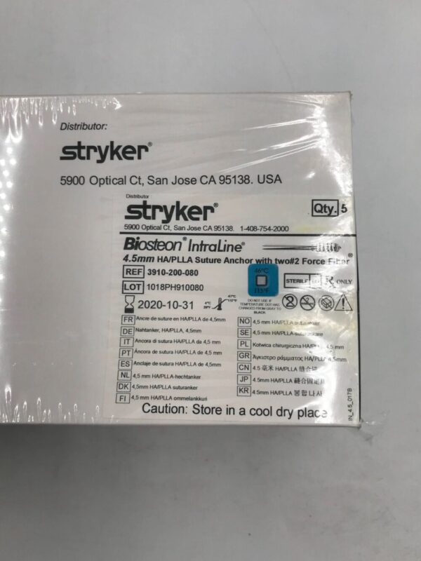 STRYKER 3910-200-080 Biosteon IntraLine HA/PLLA Sutura Anchor w/ Two #2 Force Fiber 4.5mm (5/Box) (X)