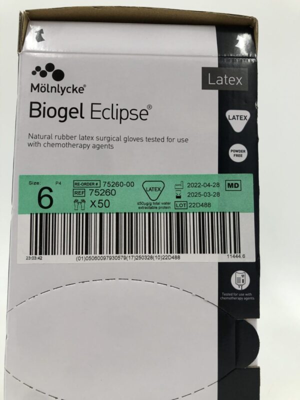Molnlycke 75260 Biogel Eclipse Natural Rubber Latex Surgical Gloves Tested For Use with Chemotherapy Agents Size 6 (50/Box)