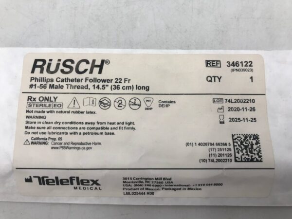 Teleflex 346122 Rusch Philips Catheter Follower 22Fr #1-56 Male Thread 14.5" (36cm) Long