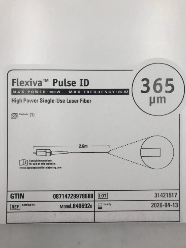 Boston Scientific L840692 Flexiva Pulse ID Max Power 100W Max Frequency 80HZ High Power Single-Use Laser Fiber 365µm