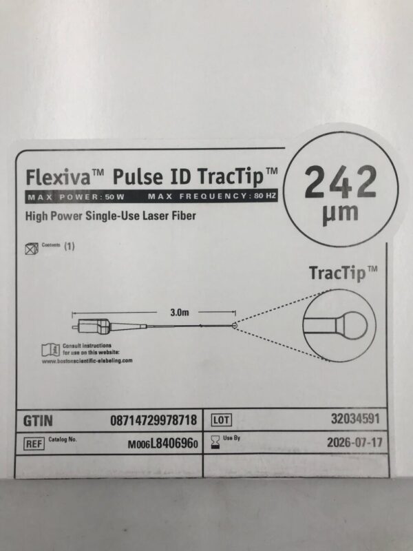 Boston Scientific L840696 Flexiva Pulse ID TracTip Max Power 50W Max Frequency 80HZ High Power Single-Use Laser Fiber 242µm