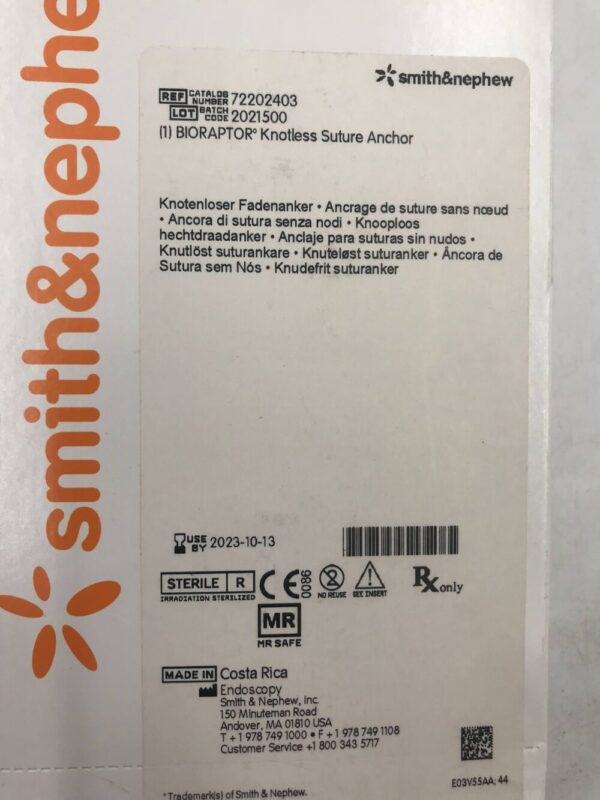 Smith&Nephew 72202403 Bioraptor Knotless Suture Anchor (X)