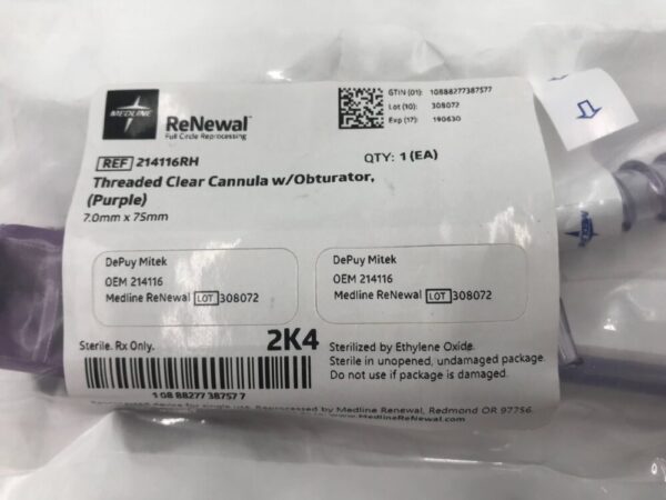DePuy 214116 Threaded Clear Cannula w/Obturator 7.0mm x 75mm (REPROCESSED) (X)