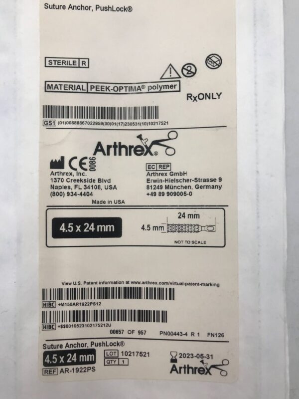Arthrex AR-1922PS Suture Anchor PushLock 4.5 x 24mm (X)